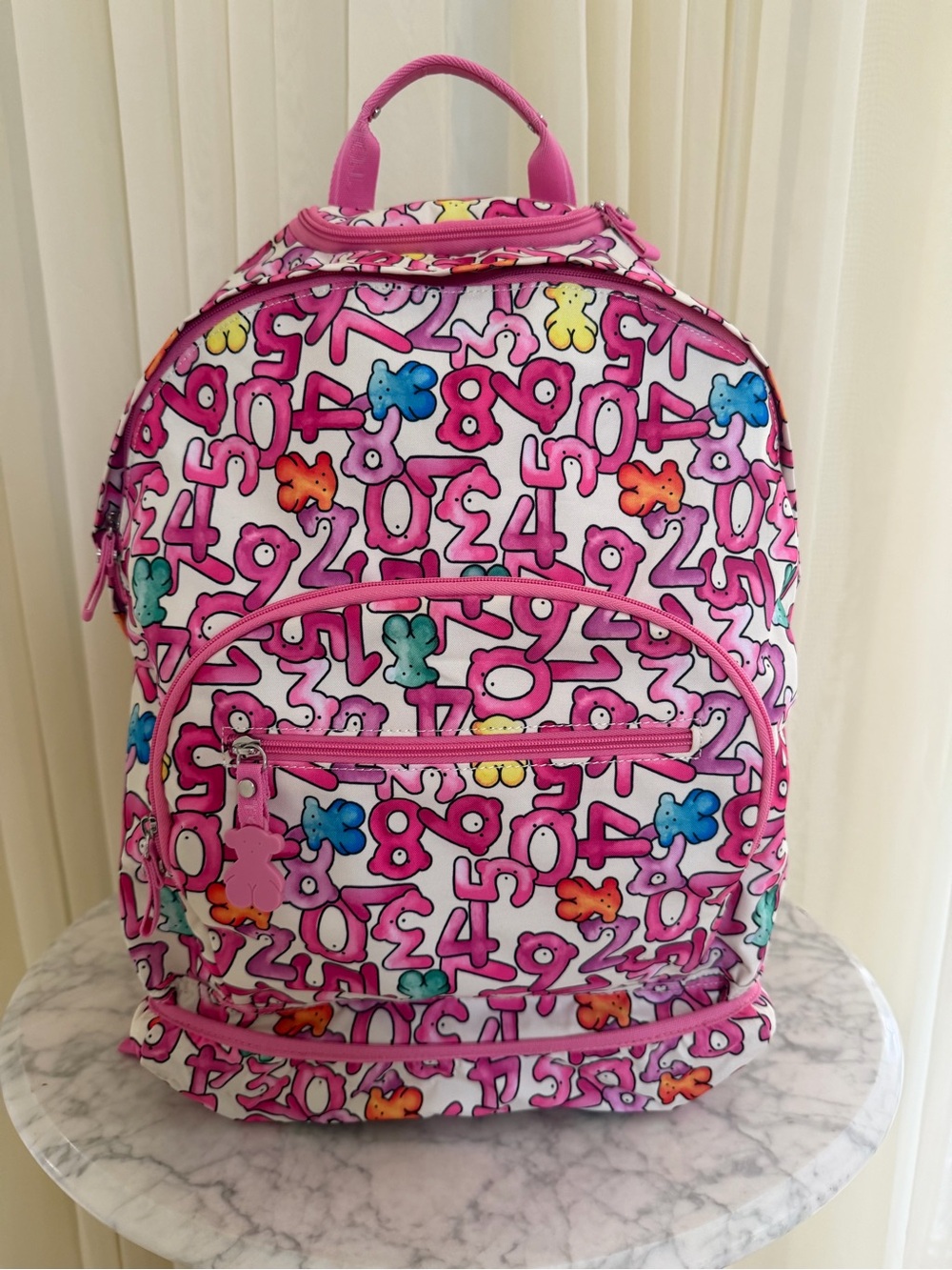 Tous Pink Kids Rolling Backpack with Colorful Number & Bear Print